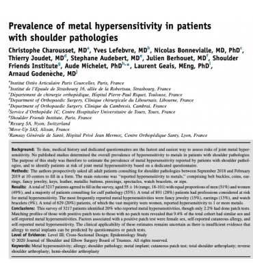 Publication de Christophe CHAROUSSET dans la revue JSES: Prevalence of metal hypersensitivity in patients with shoulder pathologies