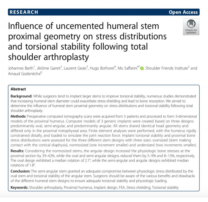 Article de Johannes Barth dans Journal of journal orthopaedics: Influence of uncemented humeral stemproximal geometry on stress distributionsand torsional stability following totalshoulder arthroplasty