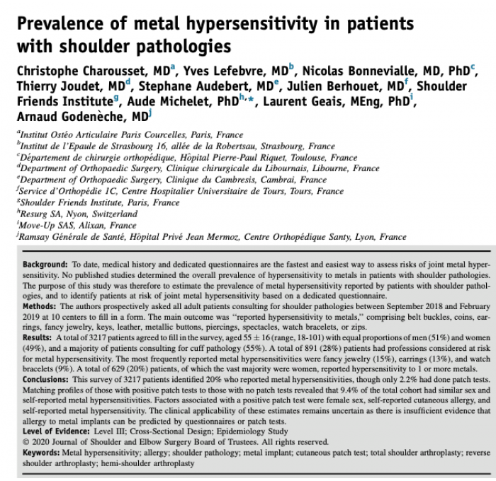 Publication de Christophe CHAROUSSET dans la revue JSES: Prevalence of metal hypersensitivity in patients with shoulder pathologies 