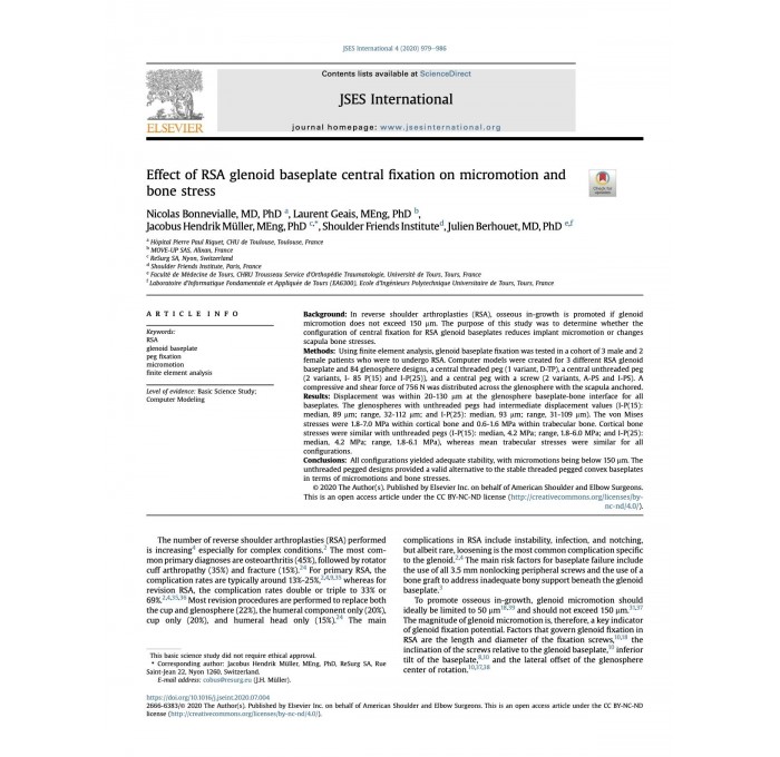 Publication de Nicolas Bonnevialle dans la revue JSES Int: Effect of RSA glenoid baseplate centralfixation on micromotion andbone stress