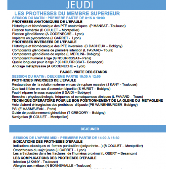 Le 23 janvier 2020: Cours sur les prothèses articulaires du membre supérieur